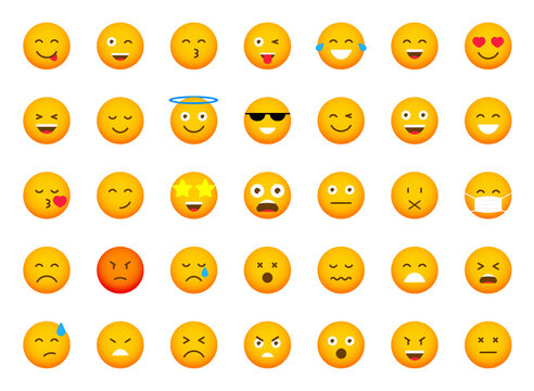Big set of cartoon emoticons. Collection emoji icons. Social media emoticon smile. Yellow faces expressing emotion. Vector illustration.