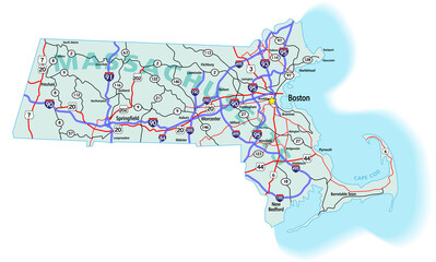 Vector map of the state of Massachusetts and its Interstate System.