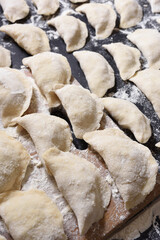 Raw dumpling. Preparation dumplings with potatoes. On dark rustic background. Top views, close-up