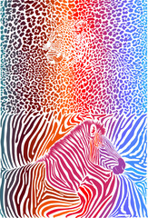 Leopard and zebra with color background - 417007801