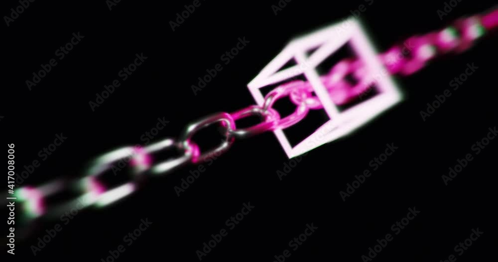 Poster abstract blockchain concept - information cube flying around the chain.