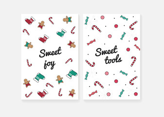 Image with Christmas cards. Christmas decor. Postcards with caramels, gingerbread and Christmas socks. Vector illustration.