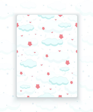 Postcard. Valentine's Day. Image with clouds, flowers, feathers and hearts. Vector illustration.