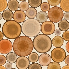 Seamless pattern with round cuts of logs, wooden texture
