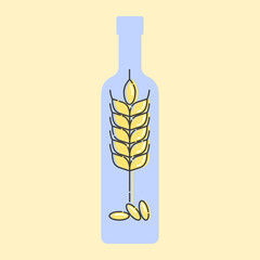 A bottle of vodka with a spike of wheat and grains inside. Flat illustration on yellow background. Alcoholic product is a symbol of a traditional russian drink. Organic alcoholic object concept