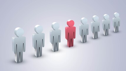 A row of people and one red, concept of individuality and uniqueness
