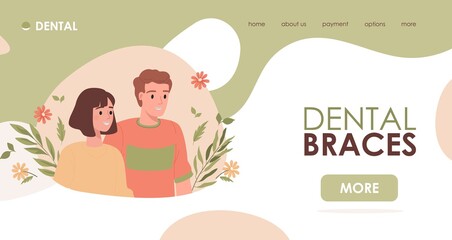 Dental braces vector flat landing page template with text space. Young handsome man and woman wearing braces on teeth. Teeth straightening and orthodontic procedures website design.