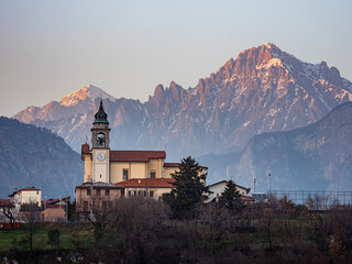 Church of a small town in Brianza Lombarda, in the background the Grigna Mountains.