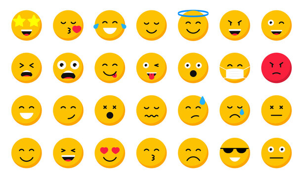 Set of cartoon emoticons. Collection emoji icons. Social media emoticon smile. Yellow faces expressing emotion. Vector illustration.
