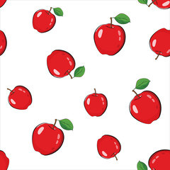 Seamless pattern of red drawn apples on a white background. Apple with green leaf.