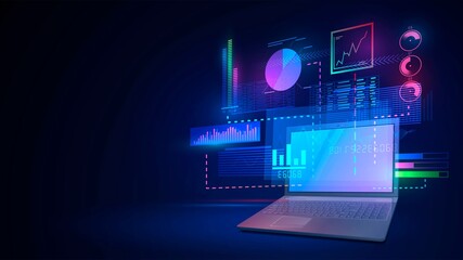 Laptop on dark background with glowing graphs and diagrams, analytics services