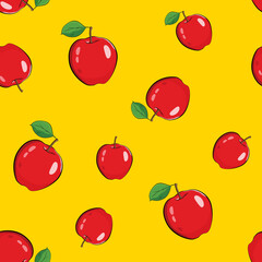 Seamless pattern of red drawn apples on a yellow background. Apple with green leaf.