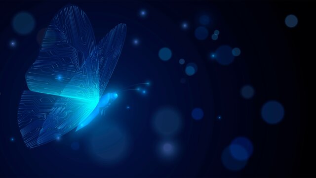 Blue glowing butterfly with circuit wings on a dark background