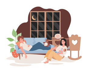 Sleepy parents spending time at night with child in living room vector flat illustration. Exhausted father lying on couch, tired mother trying to calm down her baby. Parenthood, parenting concept.