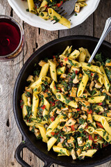 One Pot Penne Pasta with Kale and Red Pepper in Cast Iron Skillet_Top View