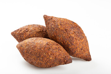 kibbeh traditional Lebanese cuisine food, known in Brazil as Quibe (kibe). Isolated on white background.