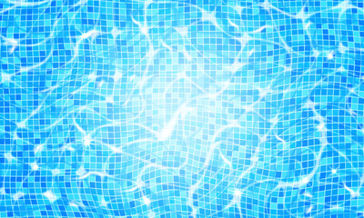 Swimming pool water background with caustic ripple and sunlight glare effect. Aquatic surface with waves backdrop. Vector illustration of underwater bottom texture, top view