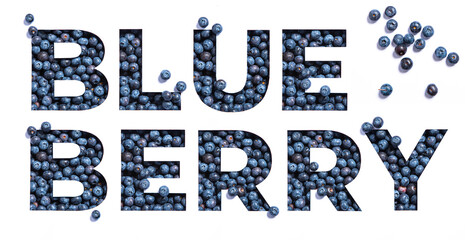 Blueberry word made of blue berries and paper cut isolated on white. Bilberry typeface. Natural vitamins, healthy snack