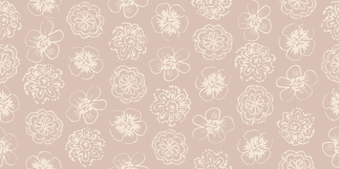 Light hand drawn flowers seamless vector pattern. Feminine surface print design for fabrics, wedding stationery, scrapbook paper, gift wrap, textiles, backgrounds, and packaging.