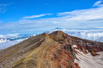 mountain landscape: on the edge of the crater of the Gorely volcano. Kamchatka Russia