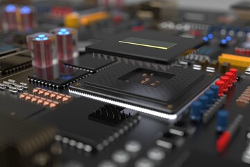 Fototapeta na wymiar printed circuit board with microchips, processors and other computer parts. 3D render on the topic of technology and large computing power