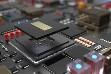 Fototapeta na wymiar printed circuit board with microchips, processors and other computer parts. 3D render on the topic of technology and large computing power