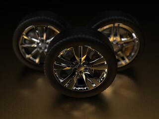 auto wheels on a dark background with chrome rims close-up. 3d render