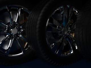 Fototapeta premium auto wheels on a dark background with chrome rims close-up. 3d render