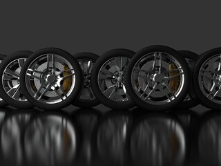 Naklejka na ściany i meble a large number of auto wheels with chrome rims. 3d render