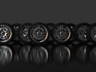 a large number of auto wheels with chrome rims. 3d render