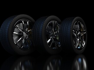 Obraz na płótnie Canvas auto wheels on a dark background with chrome rims close-up. 3d render