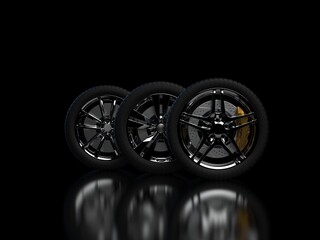 auto wheels on a dark background with chrome rims close-up. 3d render