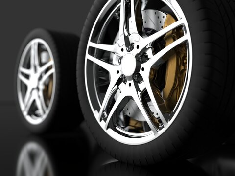 a large number of auto wheels with chrome rims. 3d render