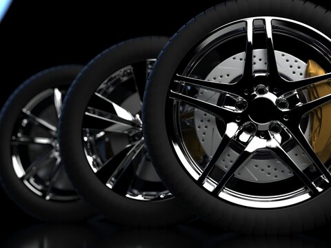 auto wheels on a dark background with chrome rims close-up. 3d render