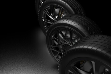 Obraz premium auto wheels on a dark background with chrome rims. 3d render