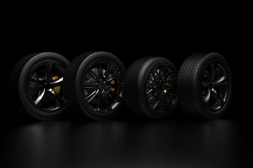 auto wheels on a dark background with chrome rims. 3d render