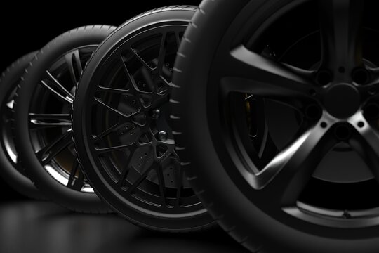 auto wheels on a dark background with chrome rims. 3d render
