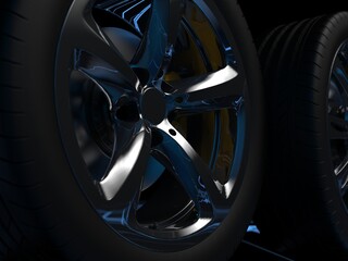auto wheels with chrome rims close up. 3d render
