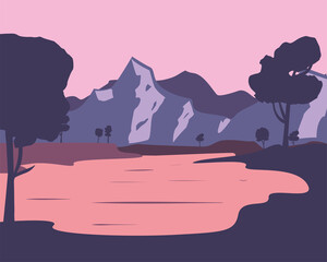 landscape of purple mountains and trees vector design