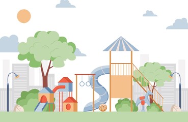 Children playground vector flat illustration. Swings, ball, toy horse, slide, seesaw at summer city park. Place for children outdoor activity. Happy childhood, park amusements concept.