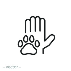 hand with animal paw icon, pet friend human, love for a dog or cat, paw print, care pet concept, donate or volunteer for animals, logo, thin line symbol on white background - editable stroke vector