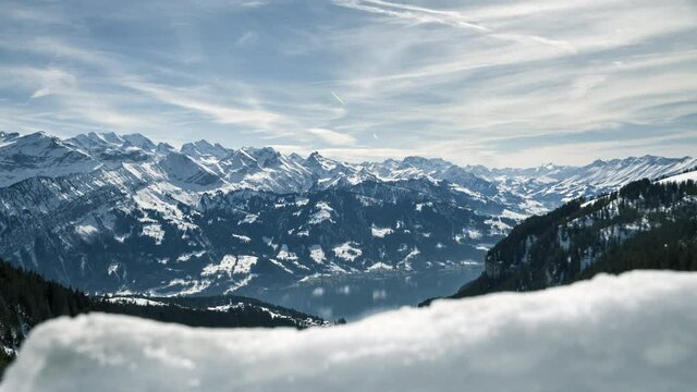 Mountains with Lake and melting Snow and Clouds moving Time Lapse