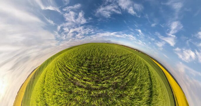 green little planet rotates in beautiful blue sky with evening clouds. tiny planet transformation with curvature of space.