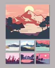 landscape of mountains posters icon group vector design