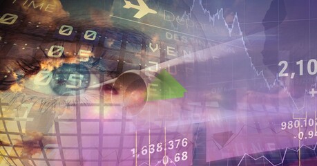 Digital illustration of a plane with a human eye over data processing