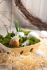 Home interior with easter decor in a natural style. Flowers in an eggshell. Zero waste concept and...