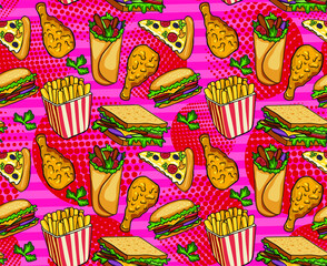 Fast food vector seamless pattern. Hamburger, hot dog, pizza, sandwich, meat, french fries, onions, tomatos. Pop art style
