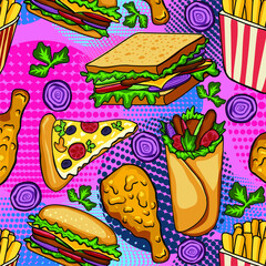 Fast food vector seamless pattern. Hamburger, hot dog, pizza, sandwich, meat, french fries, onions, tomatos. Pop art style