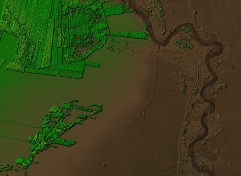 Digital elevation model of a forest area with a river. GIS product made by aerial mapping from a drone. Lidar scan and multispectral camera gives NDVI and NIR effect.