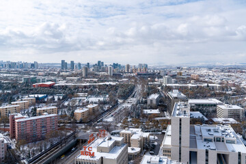 Ankara, Turkey - February 16 2021: Aerial view of traffic and sogutozu district in background.